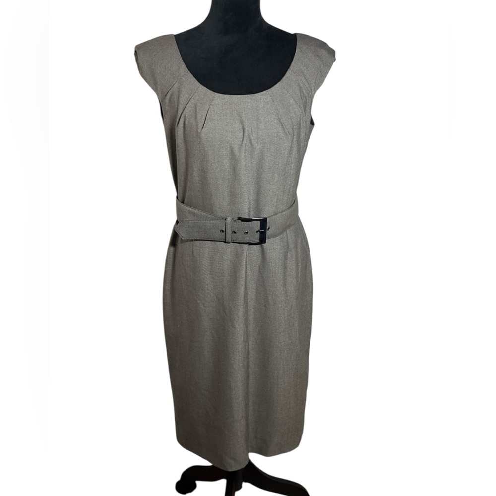 ANTONIO MELANI Taupe Belted Midi Dress cap sleeves Sz 8